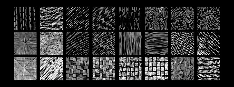 Set of textures with different hand drawn patterns. Crosshatch, wood, rain Stock Illustration