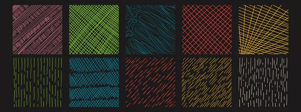 Set of textures with different patterns. Vector scribble, horizontal and wave Illustrazione stock