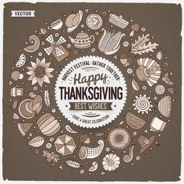 Set of Thanksgiving cartoon doodle objects, symbols and items Stock Illustration