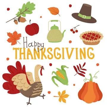 Set of Thanksgiving elements. Vector set of autumn elements with turkey, pump Illustrazione stock