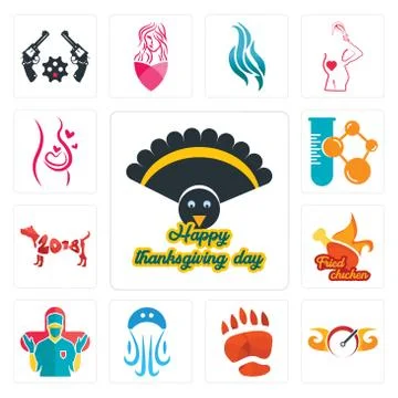 Set of thanksgiving, speedometer, bear paw, jellyfish, surgeon, fried chicken Free Stock Illustration
