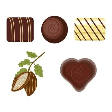 A set of their chocolates and sprigs of cocoa beans on a white background Stock Illustration