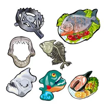 Set on the theme of toothy fish. Meals of piranha and sharks. Skeleton, jaw Stock Illustration