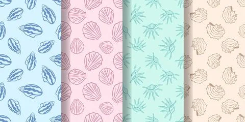 Set of themed seamless patterns with seashells Иллюстрация