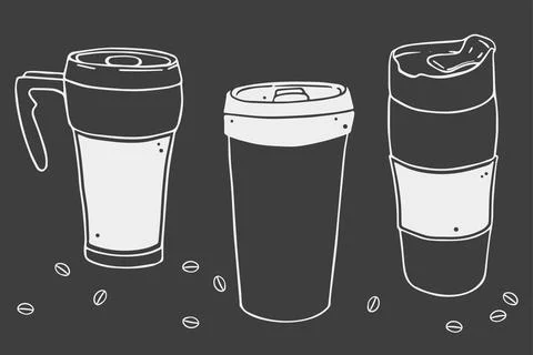 Set thermo cups white outline on dark background Stock Illustration