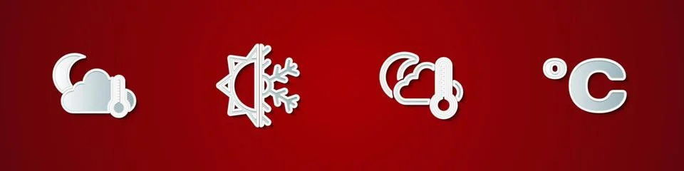 Set Thermometer and cloud, moon, Sun snowflake,  and Celsius icon. Vector Stock Illustration