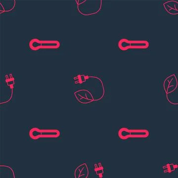 Set Thermometer and Electric saving plug in leaf on seamless pattern. Vector Stock Illustration