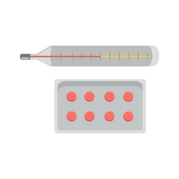 Set of thermometer and pack of flat tablets Stock Illustration