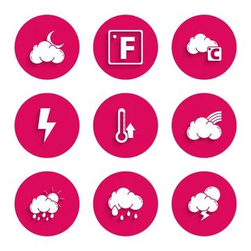 Set Thermometer, Cloud with rain, Storm, Rainbow clouds, and sun, Lightning bolt Stock Illustration