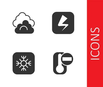 Set Thermometer, Cloud, Snowflake and Lightning bolt icon. Vector Stock Illustration