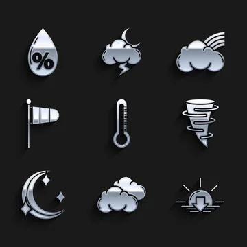 Set Thermometer, Cloud, Sunset, Tornado, Moon and stars, Cone meteorology w.. Stock Illustration