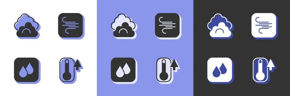 Set Thermometer, Cloud, Water drop and Wind icon. Vector Stock Illustration