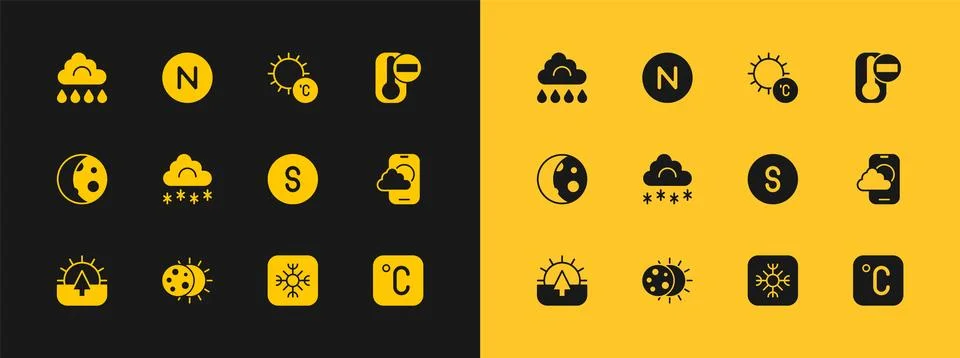 Set Thermometer, Eclipse of the sun, Compass south, Snowflake, Cloud with s.. Stock Illustration