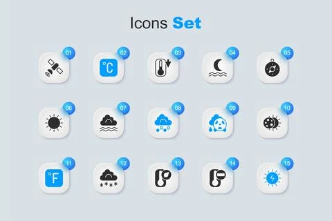 Set Thermometer, Fog and cloud, Celsius, Fahrenheit, Solar energy panel, Ec.. Illustrazione stock