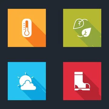 Set Thermometer, Leaf, Sun and cloud weather and Waterproof rubber boot icon. Stock Illustration