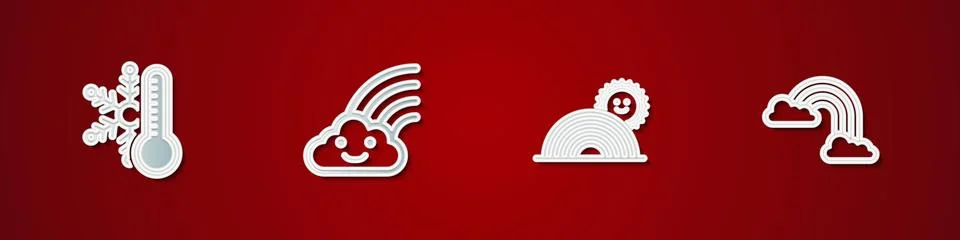 Set Thermometer with snowflake, Rainbow cloud, sun and clouds icon. Vector Stock Illustration