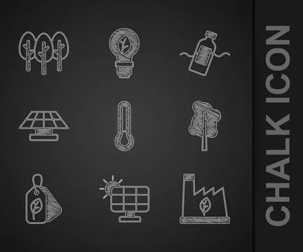 Set Thermometer, Solar energy panel, Plant recycling garbage, Tree, Tag with  Stock Illustration