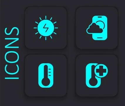 Set Thermometer, Solar energy panel, Weather forecast app and icon. Black square Stock Illustration