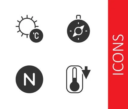 Set Thermometer, Sun, Compass north and icon. Vector Stock Illustration