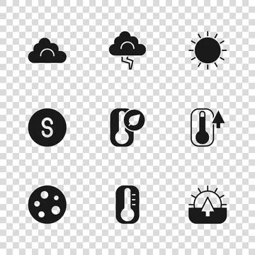Set Thermometer, Sunrise, Cloud, and lightning and Compass south icon. Vector Illustrazione stock
