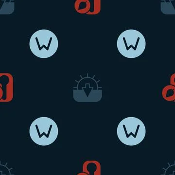 Set Thermometer, Sunset and Compass north on seamless pattern. Vector Stock Illustration