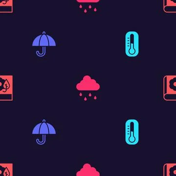Set Thermometer, Umbrella, Cloud with rain and Herbarium on seamless pattern Stock Illustration