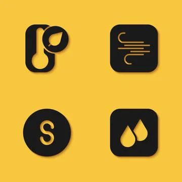 Set Thermometer, Water drop, Compass south and Wind icon with long shadow Stock Illustration