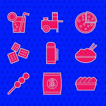 Set Thermos container, Hard bread chucks crackers, Chicken nuggets box, Rice  Stockillustratie