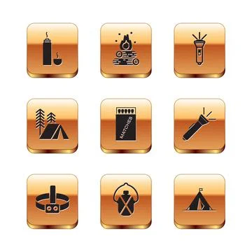 Set Thermos container, Head flashlight, Canteen water bottle, Open matchbox and Stock Illustration