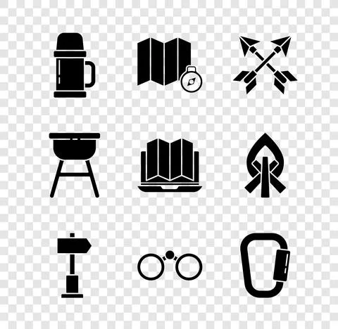 Set Thermos container, Location of the forest map, Crossed arrows, Road traffic Stock Illustration