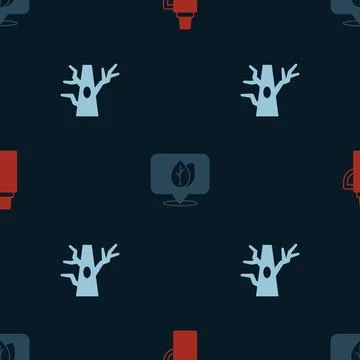 Set Thermos container, Location with leaf and Bare tree on seamless pattern.. Illustrazione stock