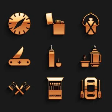 Set Thermos container, Open matchbox and matches, Rafting boat, Crossed woo.. Stock Illustration