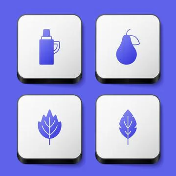 Set Thermos container, Pear, Leaf and icon. White square button. Vector Illustrazione stock