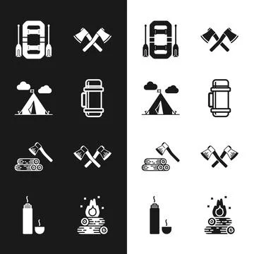 Set Thermos container, Tourist tent with flag, Rafting boat, Crossed wooden axe Illustration