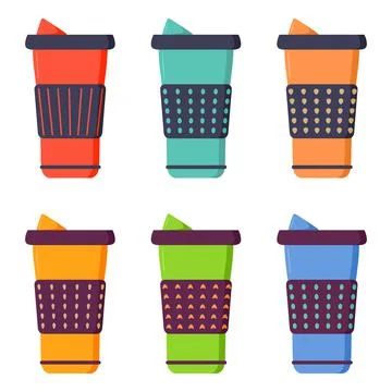 A set of thermoses.Thermo mug. Design element for websites. 스톡 일러스트