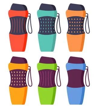 A set of thermoses.Thermos drink container. Vector flat illustration. Stock Illustration