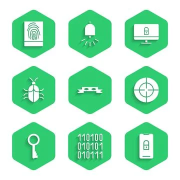 Set Thief eye mask, Binary code, Mobile with closed padlock, Target sport, Old Stock Illustration