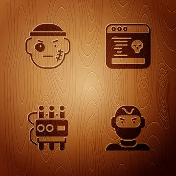 Set Thief mask, Bandit, Dynamite timer clock and System bug on wooden backgro Stock Illustration