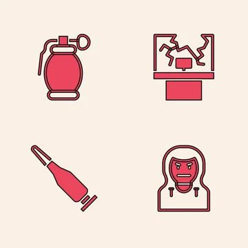 Set Thief mask, Hand grenade, Broken window and Bullet icon. Vector Stock Illustration