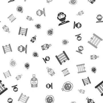 Set Thief mask, Murder, Prison window and Whiskey bottle on seamless pattern Stock Illustration