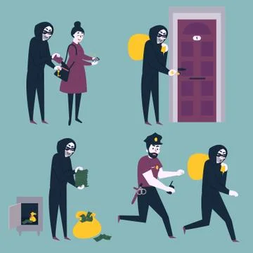 Set of thief robber burglar trying to steal money Stock Illustration