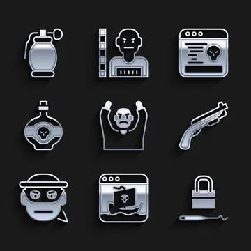 Set Thief surrendering hands up, Internet piracy, Lock picks for lock picking Stock Illustration