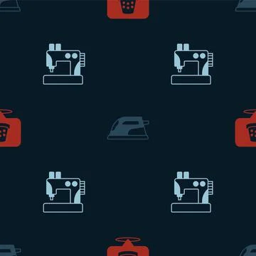 Set Thimble for sewing, Electric iron and Sewing machine on seamless pattern Illustrazione stock