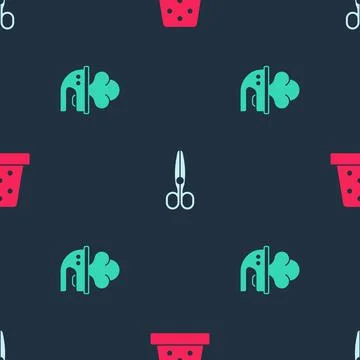 Set Thimble for sewing, Scissors and Electric iron on seamless pattern. Vector Stockillustratie