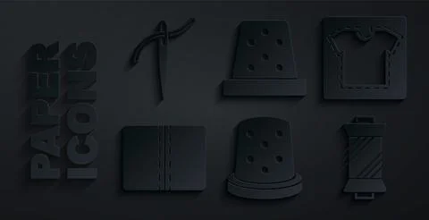 Set Thimble for sewing, Sewing pattern, Textile fabric roll, thread on spool Illustrazione stock