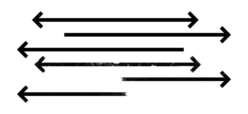 Set of thin black arrows pointing right left long, straight-line with grunge Stock Illustration