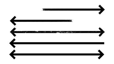 Set of thin black arrows pointing right left long, straight-line with grunge Stock Illustration