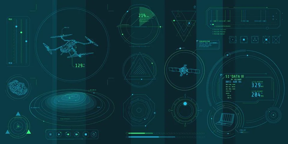 A set of thin elements on the topic of Drone Control. Stockillustratie