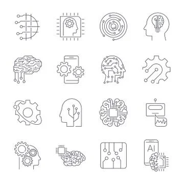Set of thin icons related to artificial intelligence and data science mono line Illustrazione stock