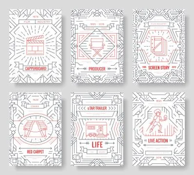 Set of thin line cinema vacation pattern concept. Art traditional, magazine Illustrazione stock